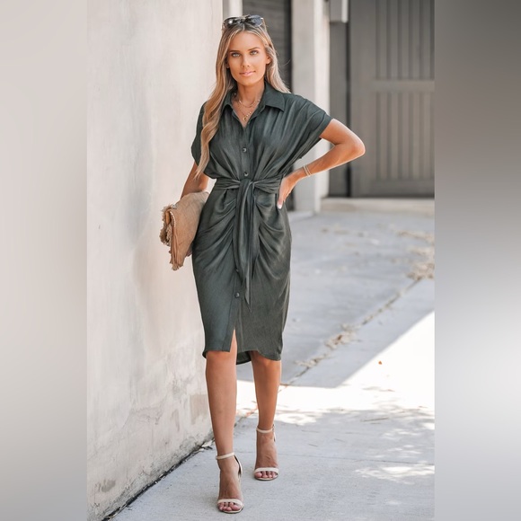 NWT Cupshe Smoke Gray Knotted Sash Shirt Dress XL - Picture 1 of 6